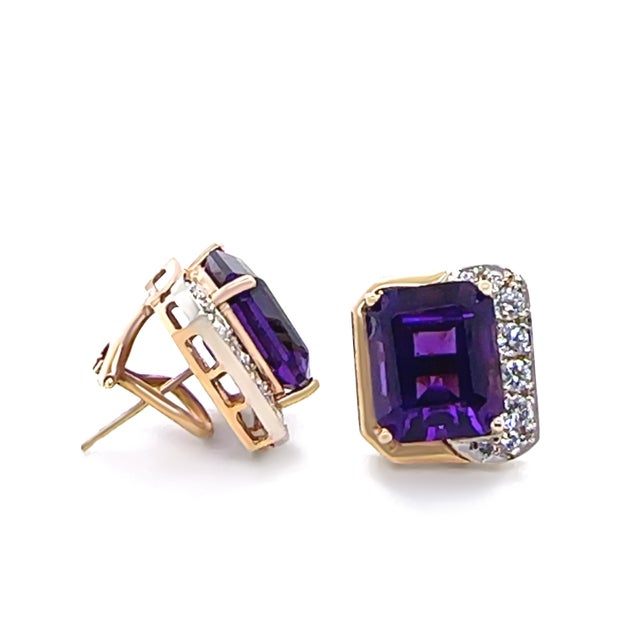 2020s 14ct Yellow and White Gold Amethyst and Diamond Earrings, A Pair For Sale - Image 5 of 7