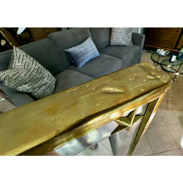 French Directoire Style Brushed Steel and Brass Wall Mirror Star Accents For Sale - Image 15 of 18