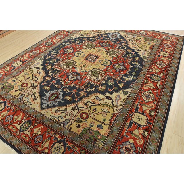 Tribal Serapi Rug 9’2” X 11’11” Blue Wool Tribal Hand-Knotted Oriental Carpet For Sale - Image 3 of 12