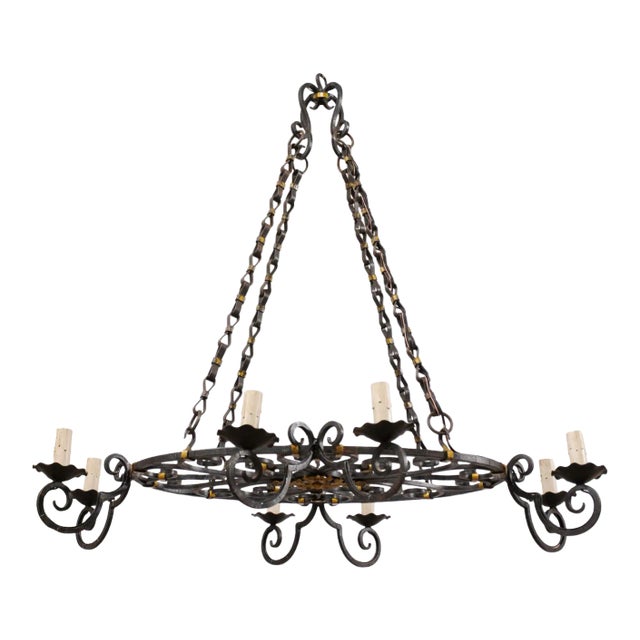 Mid 20th Century French Black Iron With Gold Oval Chandelier For Sale