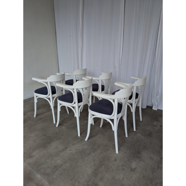 Vintage White Bentwood Dining Chairs with Blue Fabric Seats, 1970s, Set of 6 For Sale - Image 15 of 18