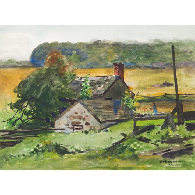 Green 1922 Egbert Cadmus New England Farmhouse Landscape Watercolor Painting For Sale - Image 8 of 8