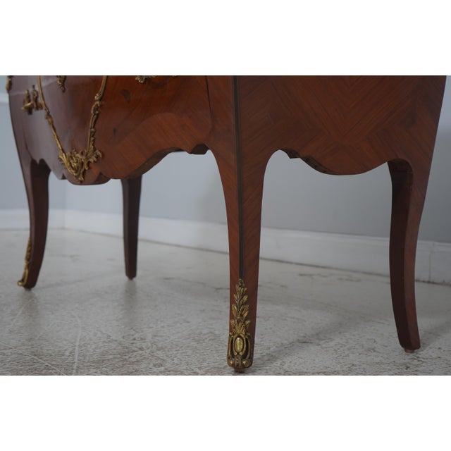 Brown Vintage Louis XV Style Marquetry Bombe Marble Top Commode For Sale - Image 8 of 18