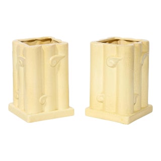 Pair of 1930s Art Deco Cream Ceramic Vases With Wind Motif & Craqueleur Finish by Manufacture Imperiale Royale Nimy For Sale