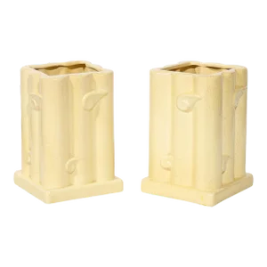 Pair of 1930s Art Deco Cream Ceramic Vases With Wind Motif & Craqueleur Finish by Manufacture Imperiale Royale Nimy