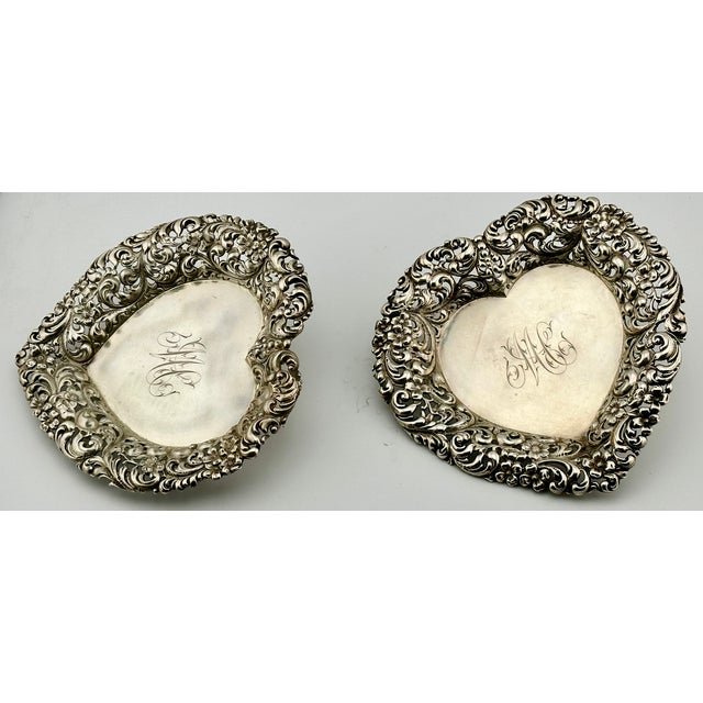 Late 19th Century Beautiful Original Matched Pair of Fancy Antique American Victorian Sterling Silver Heart Shape Bon Bon Serving Dishes For Sale - Image 9 of 18