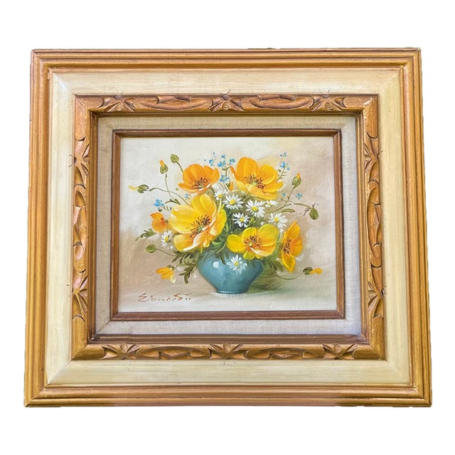 Vintage Mid Century Yellow Flowers Oil Painting Still Life For Sale