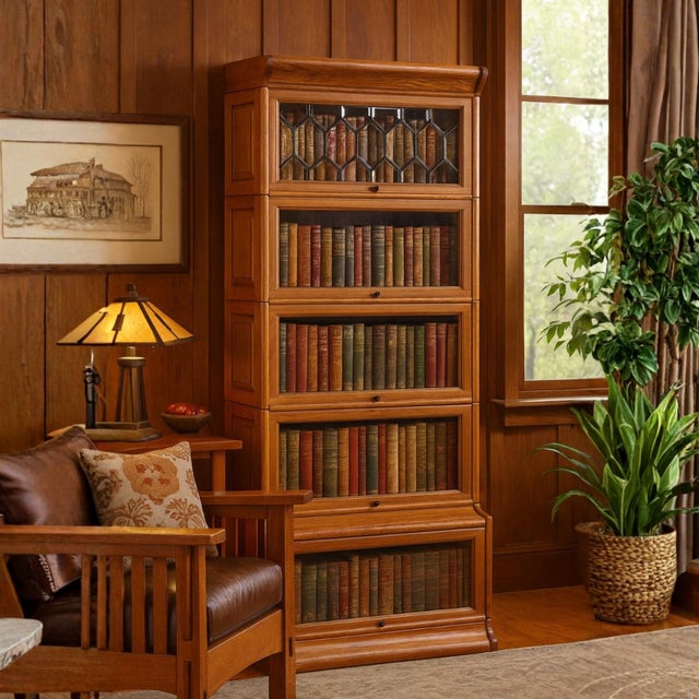 Mission Style Oak Barrister Bookcase 5 Stack-Leaded Glass in Walnut Stain For Sale - Image 15 of 18