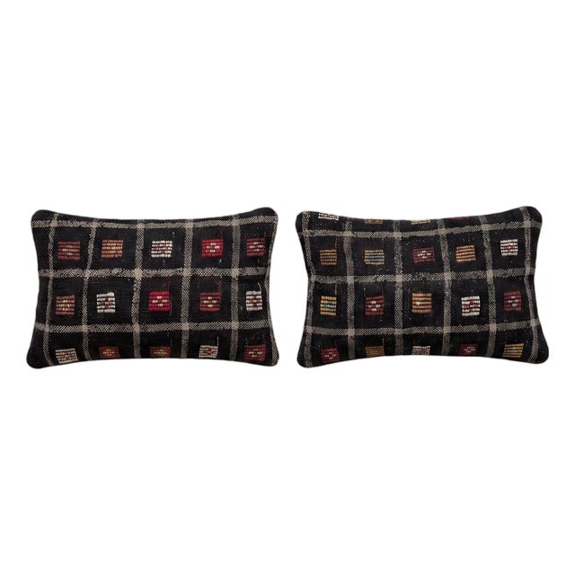 Turkish Wool Lumbar Kilim Pillow Cover 16'' X 24'' - Set of Two For Sale