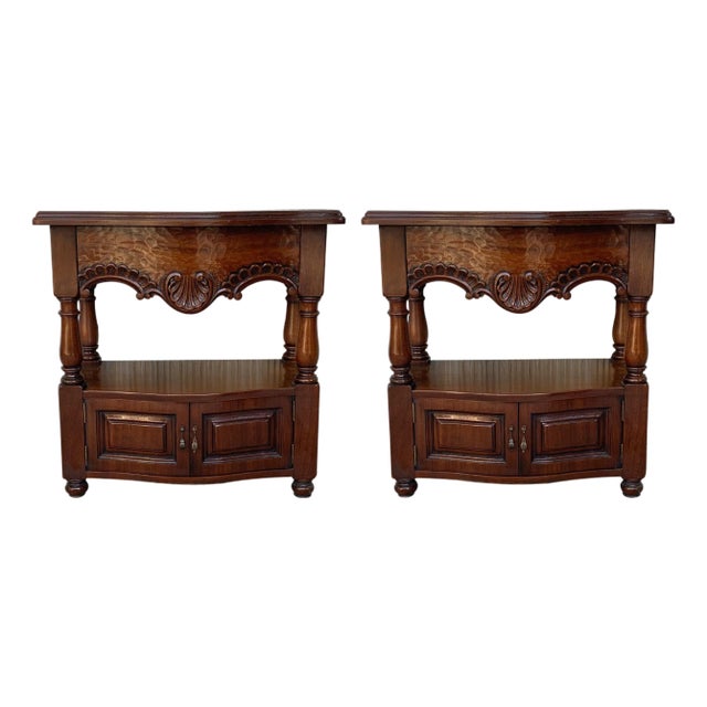 19th Century Pair of Catalan, Spanish Nightstands with Drawers & Low Open Shelf For Sale