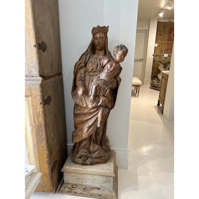 Brown Antique Madonna and Child Carved Sculpture For Sale - Image 8 of 9