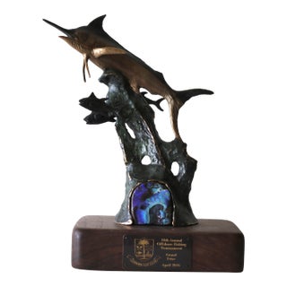 Solid Bronze Lyford Cay Club Tournament Marlin Fishing Trophy by Bodo Muche Studio With Inset Opal Gem For Sale