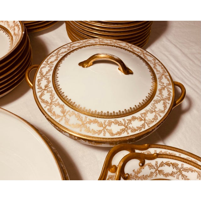 French Rare Vintage Large Set of Limoges C. H. Field Havilland Porcelain Dinnerware Set Blanc De Chine With Gold Gilt Triple Borders For Sale - Image 3 of 12