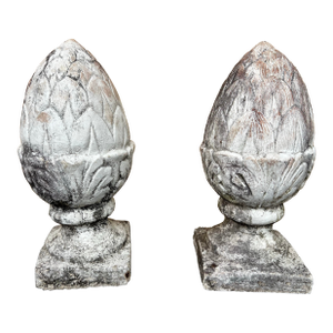 Vintage Boho Patinated Artichoke Concrete Garden Sculptures - A Pair