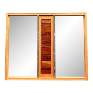 Vintage Brutalist Modern Design Wall Mirror in Rosewood and Oak Mixed Woods For Sale