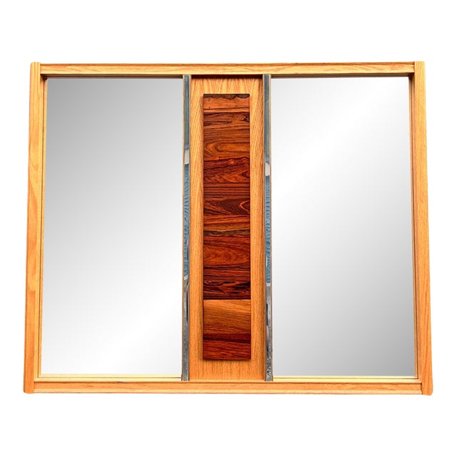 Vintage Brutalist Modern Design Wall Mirror in Rosewood and Oak Mixed Woods For Sale