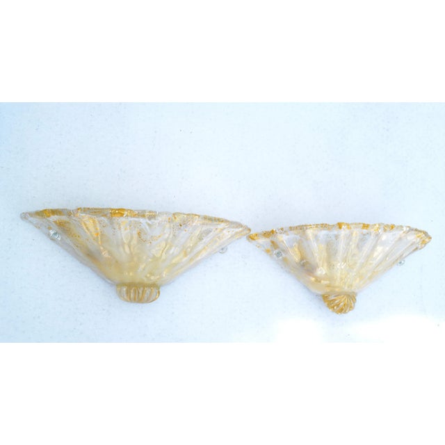 Pair, Clear & Gold Flecks Infused Murano Glass & Brass Sconces Wall Lamps Italy For Sale - Image 12 of 13