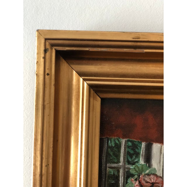Textile Vintage Original Cottage Oil Painting: Gilded Framed Interior Art For Sale - Image 7 of 12