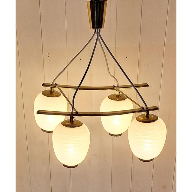 Mid-Century Modern Mid-Century Japanese Ceiling Lamp with Pagoda-Shaped Brass Frame and Lantern Glass Shades, 1960s For Sale - Image 3 of 8