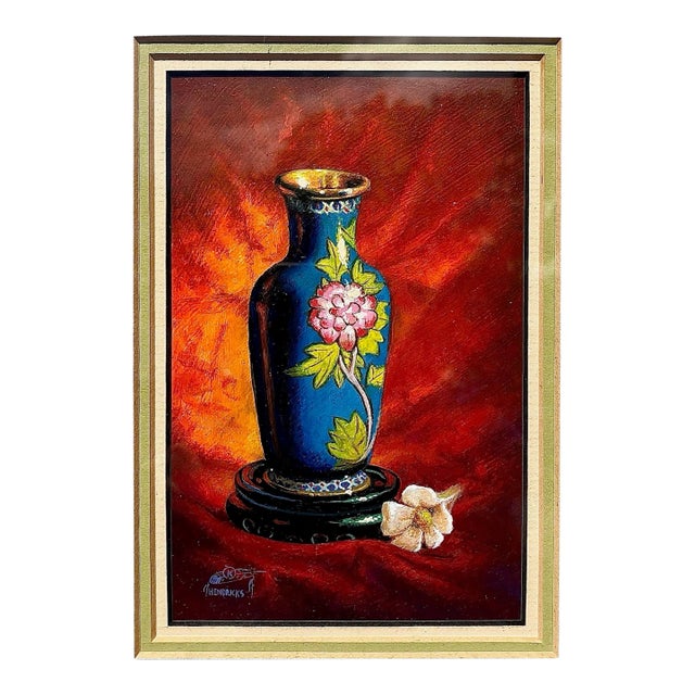 Framed Kay M. Hendricks Oil Painting – Still Life Cloisonné Vase For Sale