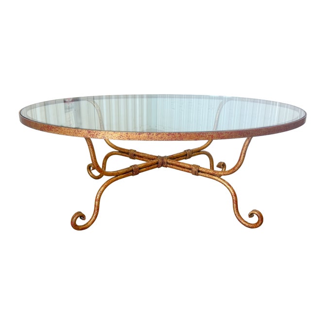 Late 20th Century Hollywood Regency Gilt Wrought Iron Glass Top Oval Cocktail Table For Sale - Image 12 of 16