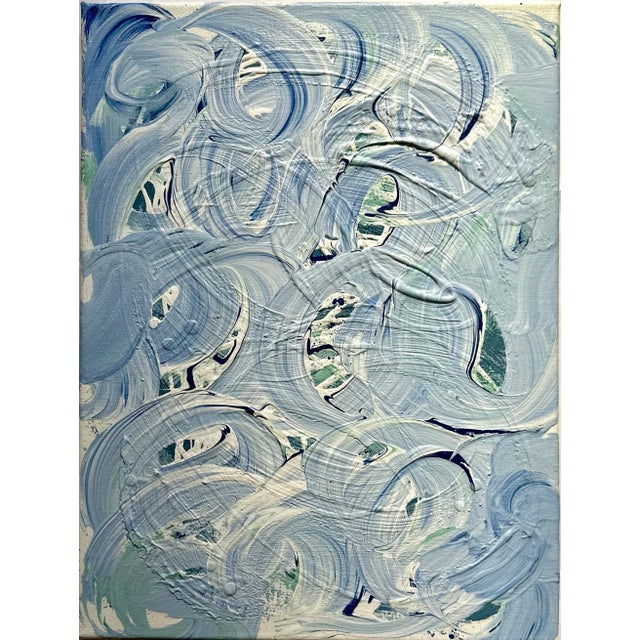 Abstract Erin Simon Original “Marbled” “Blues With Green” Abstract Painting on Canvas For Sale - Image 3 of 5