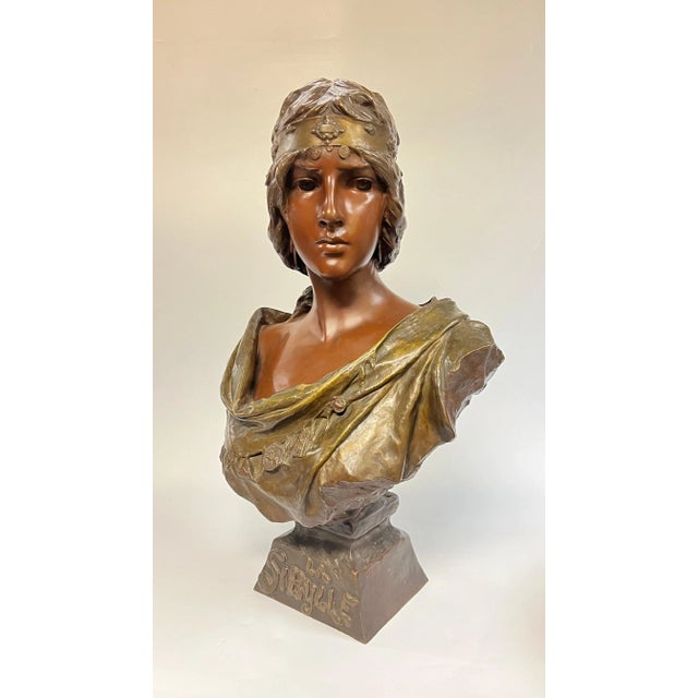 Bronze Sibylle Female Bronze Bust Sculpture After Emmanuel Villanis For Sale - Image 8 of 8