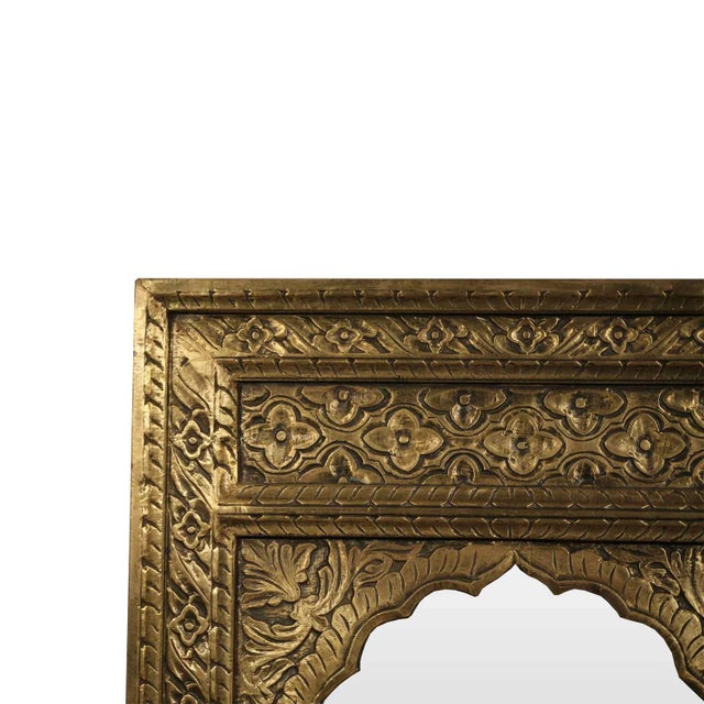 Ornate Moorish Arch Mirror With Brass Foil Cladding| Hand Carved Distressed Large Mirror | Farmhouse Hotel Entryway Unique Leaning Mirror For Sale - Image 4 of 5