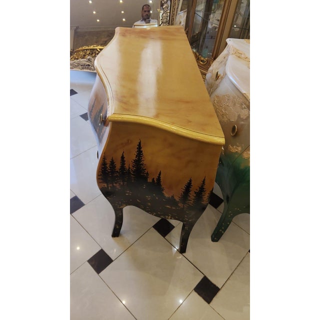 Rococo 1960s Forest Landscape Bombe Commode Hand Painted Louis XV Style Chest For Sale - Image 3 of 3