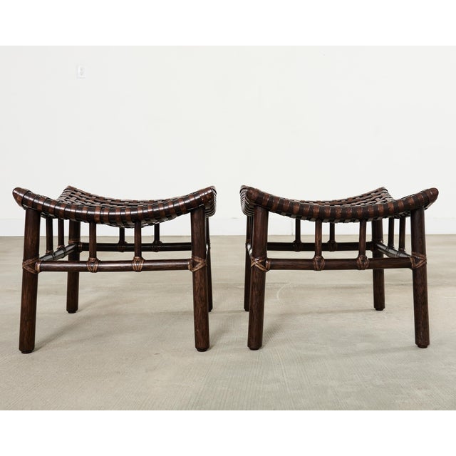Pair of McGuire Laced Leather Rawhide Rattan Ottoman Stools For Sale - Image 18 of 18