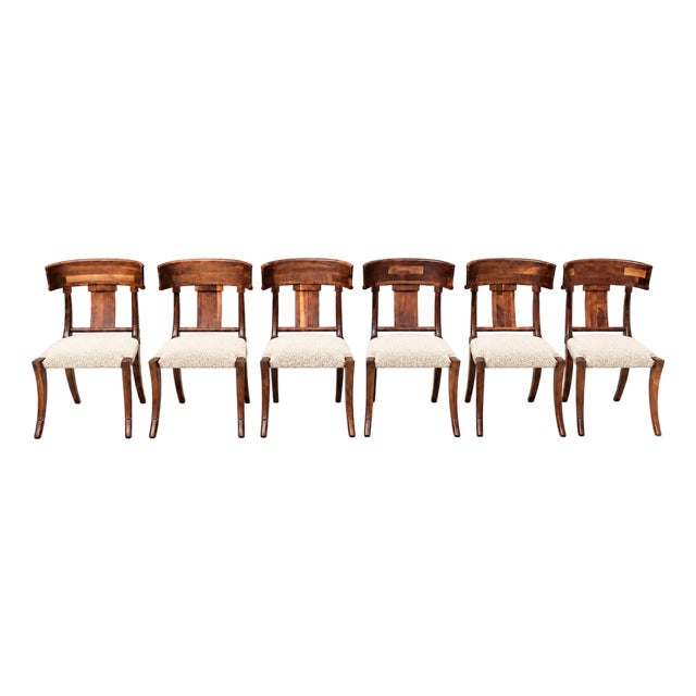 Solid Walnut Upholstered Klismos Dining Chairs Set of 6 For Sale
