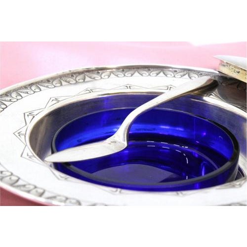 Metal Silver Butter Dish with Casing Engravings, Blue Glass Core and Knife, Set of 2 For Sale - Image 7 of 10
