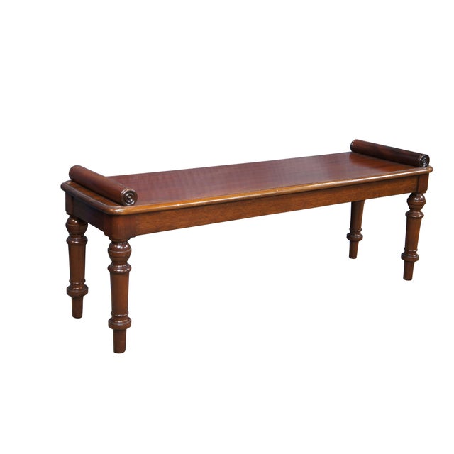 Vintage mahogany window seat/ hall bench featuring English William IV / Regency styling with scrolled bolster rails and...