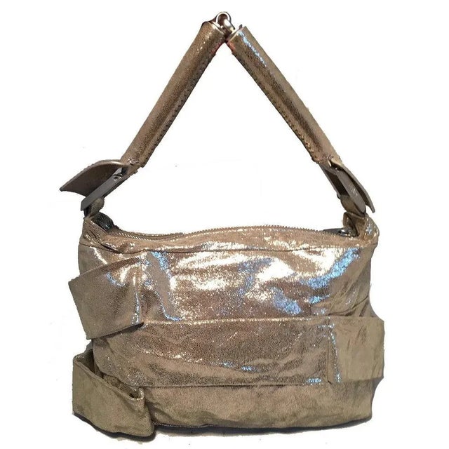 Fendi Gold Leather Straps Small Shoulder Bag in excellent Condition. Strips of gold leather cover exterior over gold...