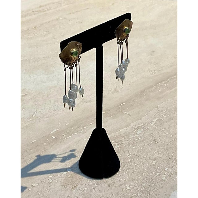 Vintage Peridot & Pearl Brass Earrings For Sale In West Palm - Image 6 of 12