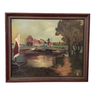 Vintage Colorfull Painting on Canvas English Countryside Lock and Mill Signed Framed For Sale