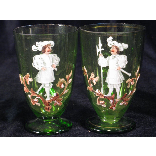 Victorian Tea Glass Cups Karl Moser Style Hand Panted Enamel Renaissance Guardsmen Green - Set of 4 For Sale - Image 3 of 17