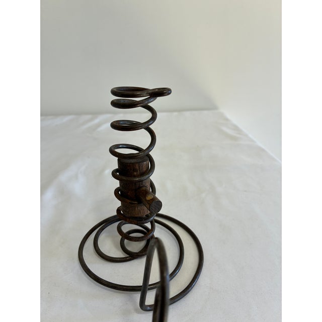 Metal Vintage Primitive Iron and Wood Spiral Courting Candle Holder For Sale - Image 7 of 8