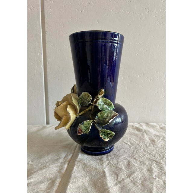 Mid 20th Century Antique French Barbotine Majolica Vase Applied Rose Vase For Sale - Image 5 of 9