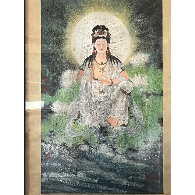 This elegant, vintage Chinese scroll-style lithograph print beautifully depicts Guanyin (Avalokiteshvara), the Bodhisattva...