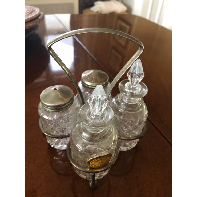 Vintage petite Glass Cruet Set Oil Vinegar Salt Pepper With Silver plated tops and silver plated caddy. Eales Of Sheffield...