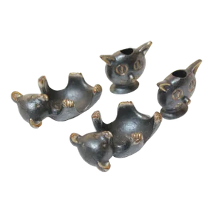 Set of Four Owl and Bear Brass Candleholders/Figurines After Walter Bosse and Herta Baller
