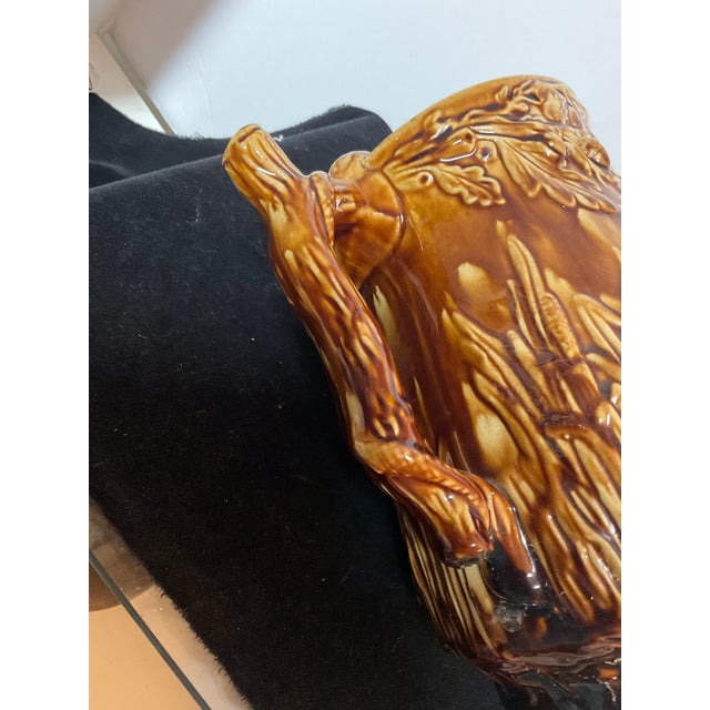 English Antique Rockingham Majolica Pitcher With Oak Leaf & Crain Relief Complete With Original Wood Lid For Sale - Image 3 of 14