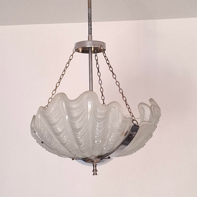 Art Deco Pendant Light with Shell-Shaped Glass Shade, 1930s For Sale - Image 3 of 17