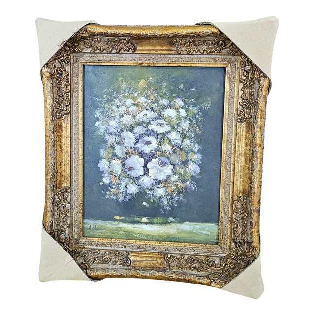 Ivory Blossom Reverie – Floral Still Life Painting With Ornate Gold Leaf Frame For Sale