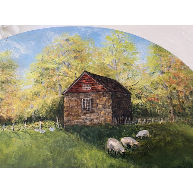 1980's Oval Bentwood Shaker Box, Folk Art Rural Scene, Artist Signed Inez, 11" For Sale In Philadelphia - Image 6 of 17
