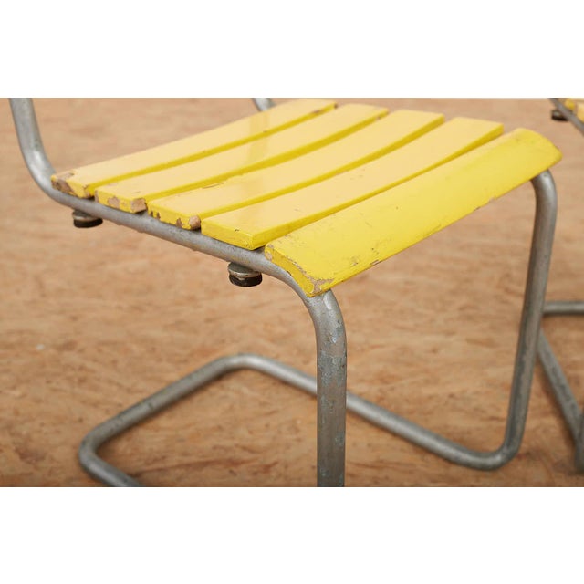 Stackable Yellow Model 1023 Garden Chair Set in Galvanized Steel Tubing and Wooden Slats by Embru, 1934, Set of 2 For Sale - Image 6 of 14