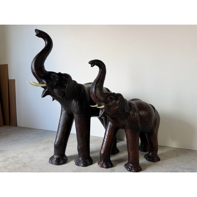 Vintage Safari Style Oversized Leather Elephant Sculptures With Raised Trunks – A Pair For Sale In Miami - Image 6 of 18