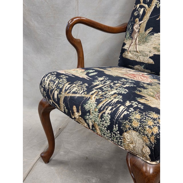 Pair of Vintage Queen Anne Chairs and Ottoman With Black Toile Upholstery For Sale - Image 9 of 17
