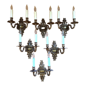 American Brass & Crystal Two-Light Candelabra Wall Sconces—Set of Six